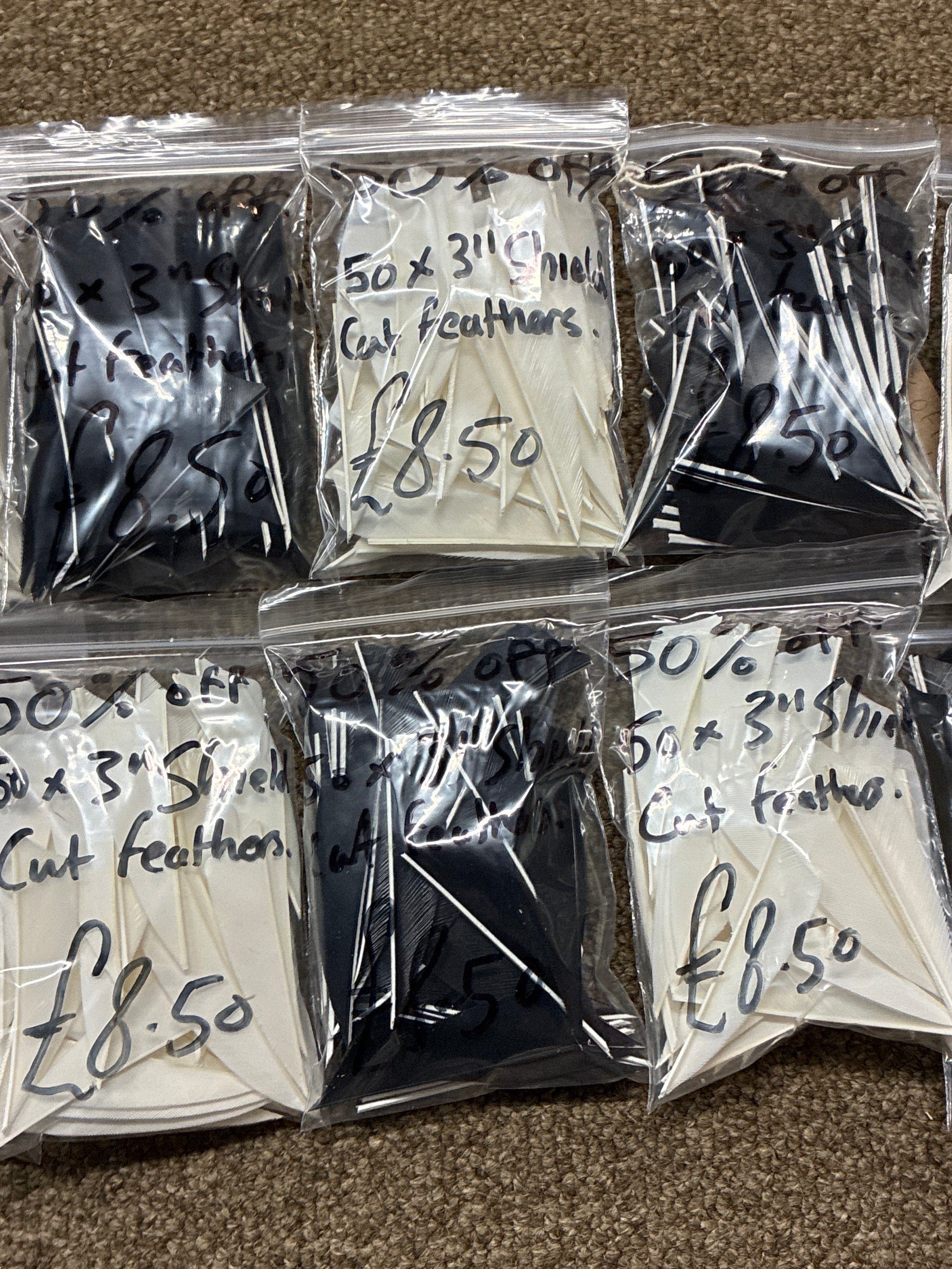 End of line. Gateway feathers 3”, shield cut, bags of 50 @ half price.
