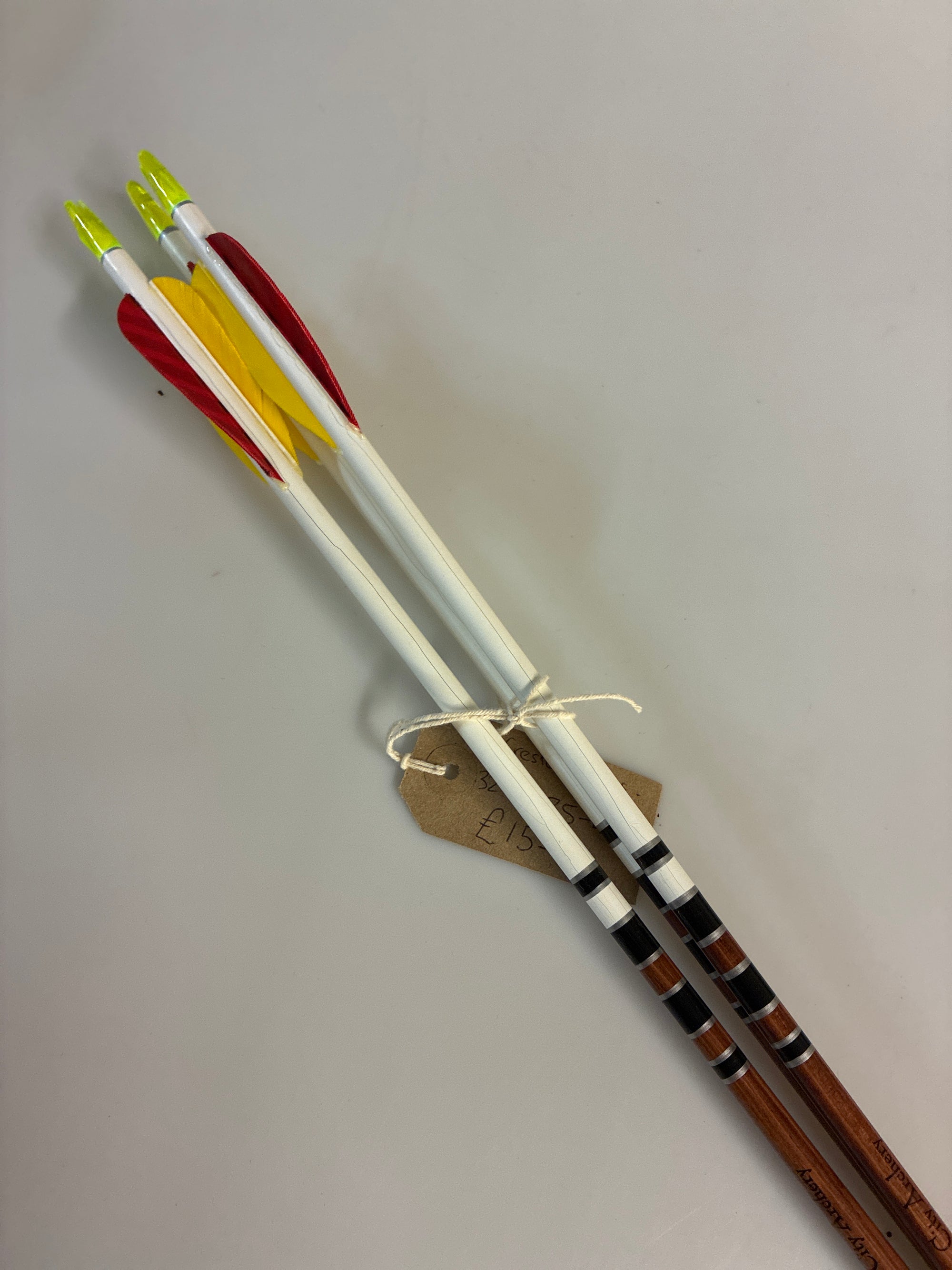 3x 5/16 poc arrows. 35-40lbs @ 32”. Crested and stained shafts.